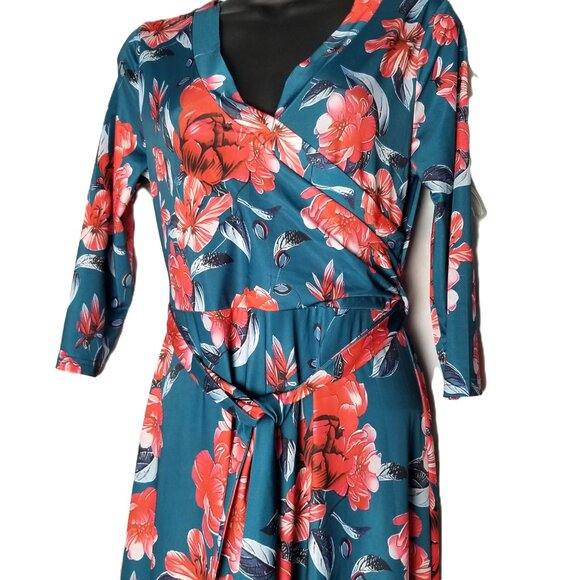 Bon Rosy Teal Floral Maxi Wrap Dress Medium Stretch Belted Boho 3/4 Sleeve - Picture 3 of 10